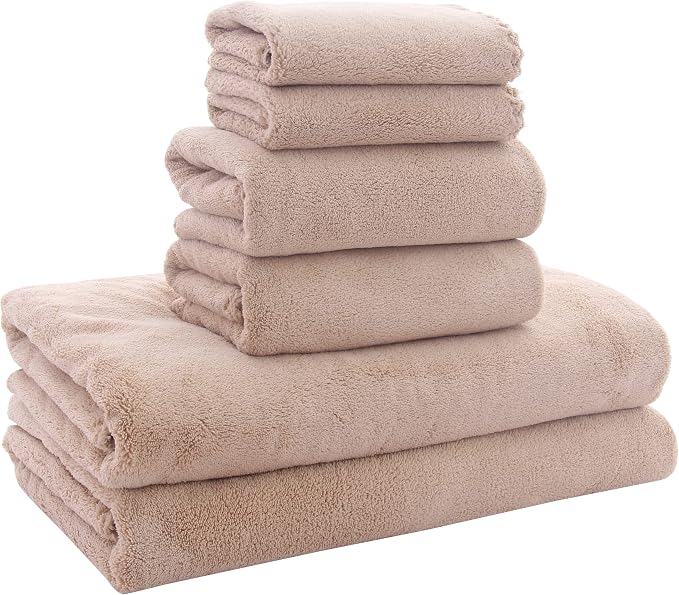 MOONQUEEN Ultra Soft Towel Set - Quick Drying - 2 Bath Towels 2 Hand Towels 2 Washcloths - Microfiber Coral Velvet Highly Absorbent Towel for Bath Fitness, Sports, Yoga, Travel (Brown, 6 Pcs)
