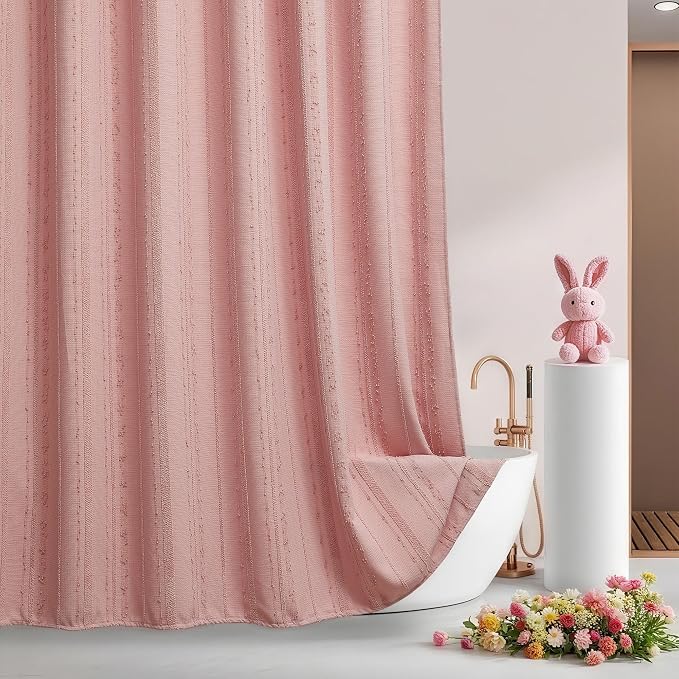 Pink Shower Curtain Boho, Cotton Blend Waffle Shower Curtain Textured, Fabric Shower Curtains for Bathroom, Washable 72 x 72