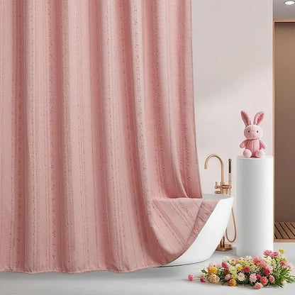 Pink Shower Curtain Boho, Cotton Blend Waffle Shower Curtain Textured, Fabric Shower Curtains for Bathroom, Washable 72 x 72