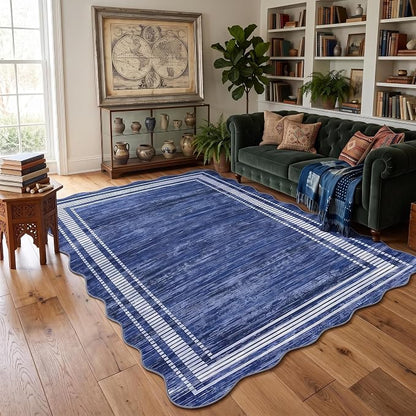Garvee Navy Blue Scalloped Rug 8x10 Area Rug for Living Room Washable Rug | Rugs for Living Room, Non-Slip Soft Carpet for Bedroom, Scalloped Low-Pile Solid Rug Accent Rug for Dining Room Home Office