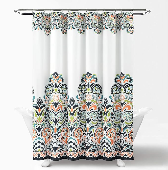 Lush Decor Navy and Tangerine Clara Shower Curtain-Fabric Colorful Boho Paisley Damask Print Design, 72 x 72