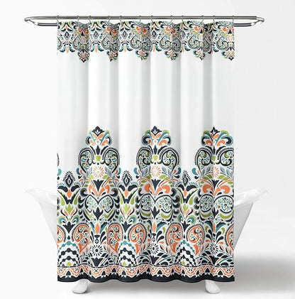 Lush Decor Navy and Tangerine Clara Shower Curtain-Fabric Colorful Boho Paisley Damask Print Design, 72 x 72