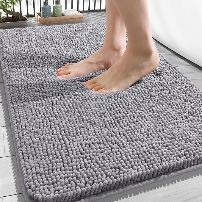 OLANLY Bathroom Rugs 34x21, Extra Soft Absorbent Chenille Bath Rugs | Grey, Quick-Drying Rubber Backing, Machine Washable Bath Mat for Bathroom Floor, Tub and Shower, Home Decor Accessories