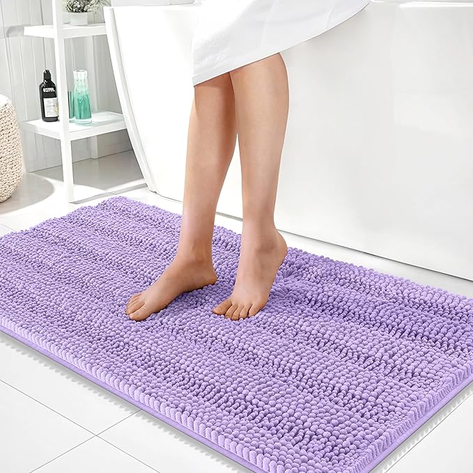 OLANLY Thick Bathroom Runner Rugs 44x24, Soft Chenille Bath Rugs, Lavender | Absorbent Striped, Rubber Backing, Machine Wash, Long Bath Mats for Bathroom Floor, Tub and Shower, Home Decor Accessories