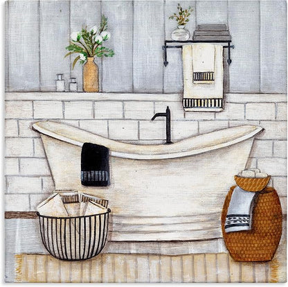 Bathroom Farmhouse Tub Floral, 36 x 36 Inch Canvas Wall Art | Stupell Industries · By Yellow Cafe · Ready to hang · Charming bath and laundry decor · Made in USA