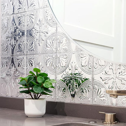 Peel and Stick Metal Backsplash Tiles, Silver Fleur, 10-Pack | 8 x 8 in tile size; Covers up to 4.44 sq ft; Aluminum; Water-resistant surface; For kitchens, ceilings, DIY projects