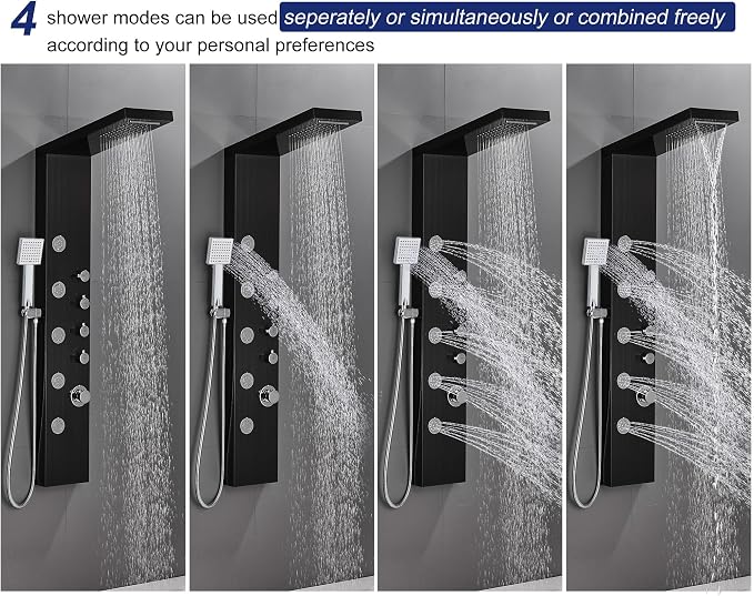 ROVATE 4-in-1 Rainfall Waterfall Shower Panel Tower System, Black | Shower Column with Body Massage Jets and Handheld, Stainless Steel High Pressure, Use Multiple Functions Simultaneously