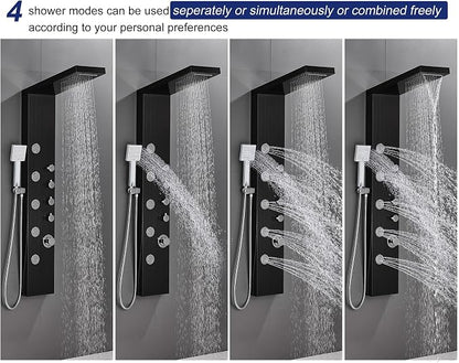 ROVATE 4-in-1 Rainfall Waterfall Shower Panel Tower System, Black | Shower Column with Body Massage Jets and Handheld, Stainless Steel High Pressure, Use Multiple Functions Simultaneously
