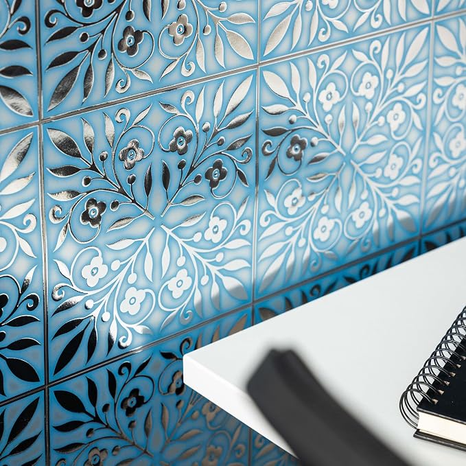 Main Street Peel and Stick Wallpaper Tiles, Blue & Silver Leaves, 24-Pack | 8"x8" tiles, covers 10.67 sq ft. Peel-and-stick paper, no extra adhesive needed. Ideal for backsplashes & DIY projects.