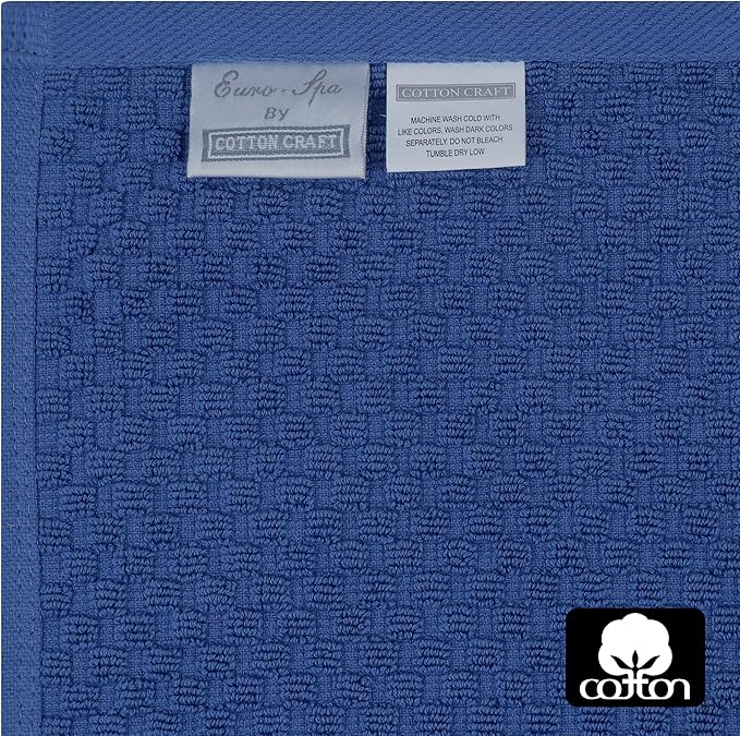 COTTON CRAFT Euro Spa Waffle Wash Cloth - Set of 12 Luxury Pure Ringspun Cotton Waffle Weave Bathroom Face Towel - Everyday Absorbent Hotel Gym Shower Beach Kitchen Travel Dorm - 12x12 inches - Blue