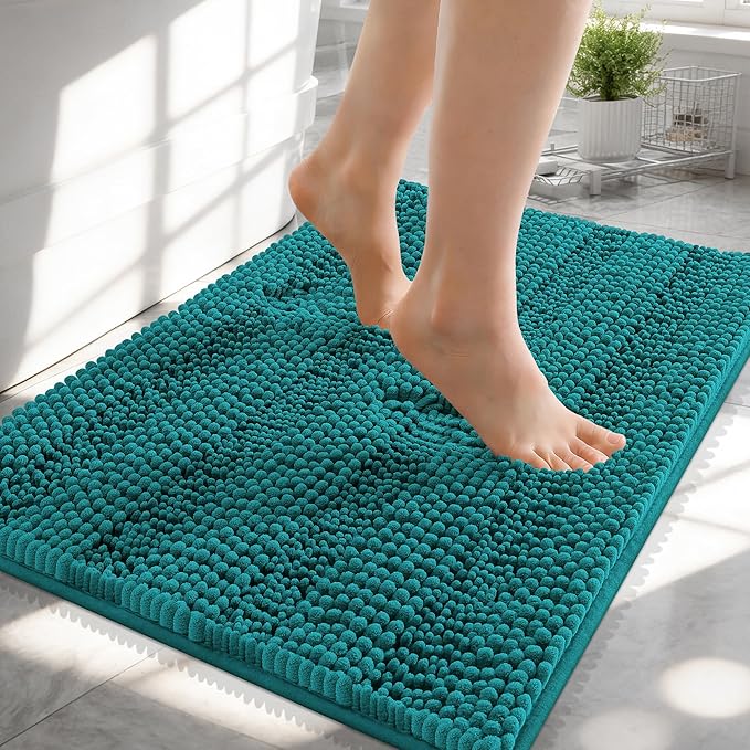 OLANLY Thick Small Bathroom Rugs 24x16, Soft Chenille Bath Rugs, Deep Lake | Rubber Backing, Machine Wash, Extra Absorbent Striped Bath Mats for Bathroom Floor, Tub and Shower, Home Decor Accessories