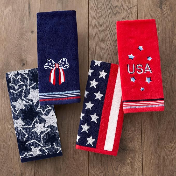 SKL Home Americana Bow Hand Towel Set-2pc, 100% Cotton, Embroidered, Navy | Fun for Memorial Day, 4th of July, Labor Day & all patriotic holidays. For use in the bathroom, kitchen or bar.