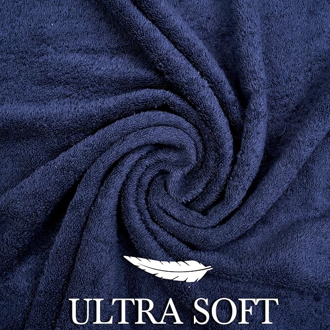 6 Piece 100% Cotton Bath Towel Set - 2 Bath - 2 Hand - 2 Face, Navy Blue | 100% Cotton • Thick & Plush • Hotel Quality • Ultra Soft • Highly Absorbent • Quick Dry • Low Lint • Machine Washable