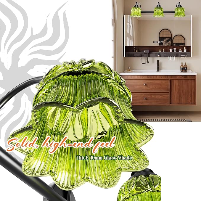 3-Light Vanity Light Over Mirror with Green Crystal Glass Shade | Valley-Lily Shaped Bathroom Light Fixture Black Antique Finish Wall Sconces Mirror Front Lighting for Hallway Living Room