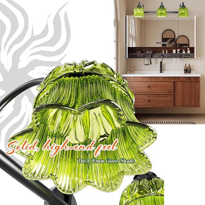 3-Light Vanity Light Over Mirror with Green Crystal Glass Shade | Valley-Lily Shaped Bathroom Light Fixture Black Antique Finish Wall Sconces Mirror Front Lighting for Hallway Living Room