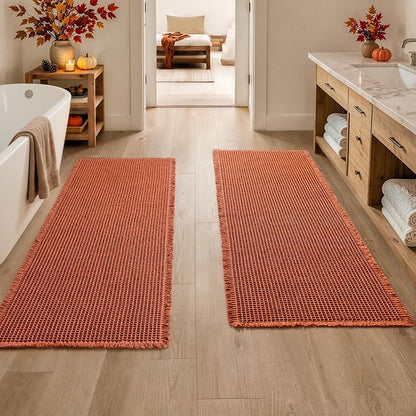 MIULEE Fall Orange Set of 2 Waffle Bathroom Runner Rugs 2'x6'(24"x72") | Non Slip, Super Absorbent, Washable, Ultra Soft, Boho Bath Mats for Bathroom Hallway Bedroom Laundry Room Kitchen
