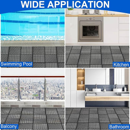 Modular Interlocking Cushion 12 Pack 11.8" x 11.8" Rubber Floor Tiles Non-Slip Splicing Drainage Mats for Deck, Pool, Shower, Patio, Balcony, Bathroom, Kitchen, Yard (Diagonal, Black)
