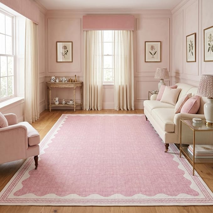 Garvee Modern Bordered Rugs for Living Room 8x10 Large Washable Rug Pink | Non Slip Low Pile Soft Carpet Foldable Non Shedding Stain Resistant Floor Cover for Bedroom Playroom Nursery Office Dorm