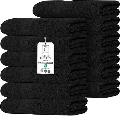 Commercial Bulk Pack of 12 Bath Towels – 100% Cotton Terry 24" x 48" – Ideal for Hotels, Salons, Gyms, Spas & Institutional Use – Black