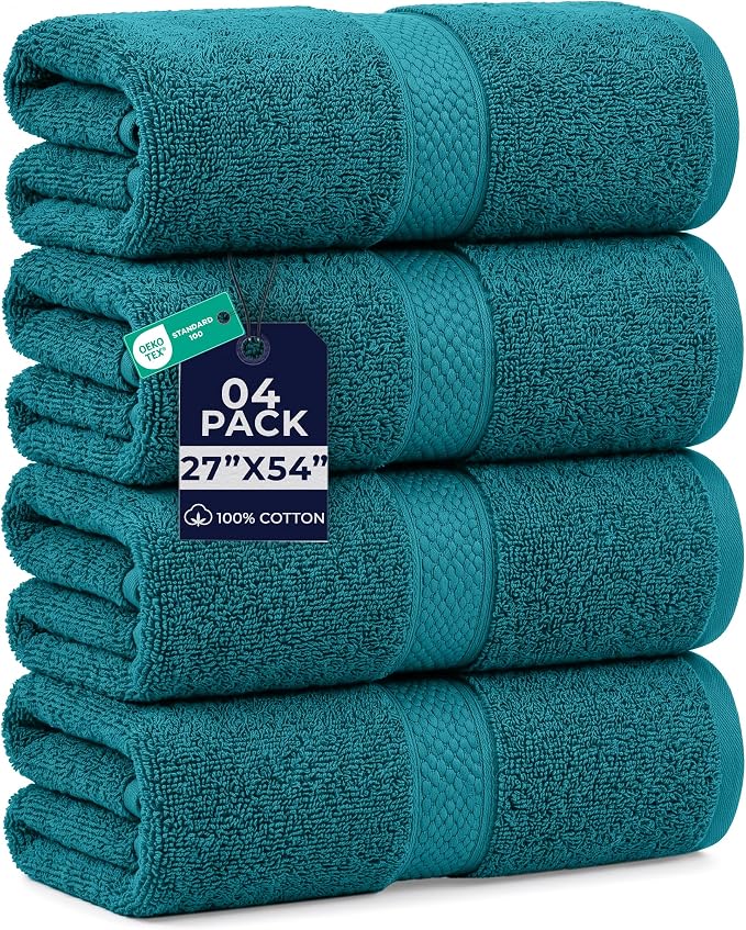 DAN RIVER 600 GSM Cotton Large Bath Towels Set of 4, 27 x 54 Inches, Teal | Larger & Lighter Weight Towels for Bathroom - Highly Absorbent & Quick Dry 100% Cotton Bath Towel Set for Home, Spa & Hotel