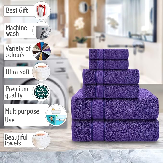 CRAFTBERRY- 6 Piece Cotton Bath Towel Set- 2 Bath - 2 Hand - 2 Face, Purple | 100% Cotton • Thick & Plush • Hotel Quality • Ultra Soft • Highly Absorbent • Quick Dry • Low Lint • Machine Washable