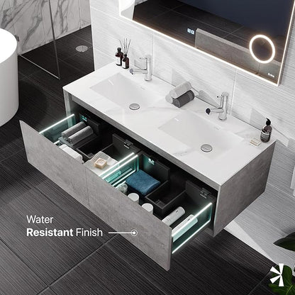 Eviva Aurora 48 in. Concrete Gray Wall Mount Double Sink Bath Vanity with Carrara Quartz Top