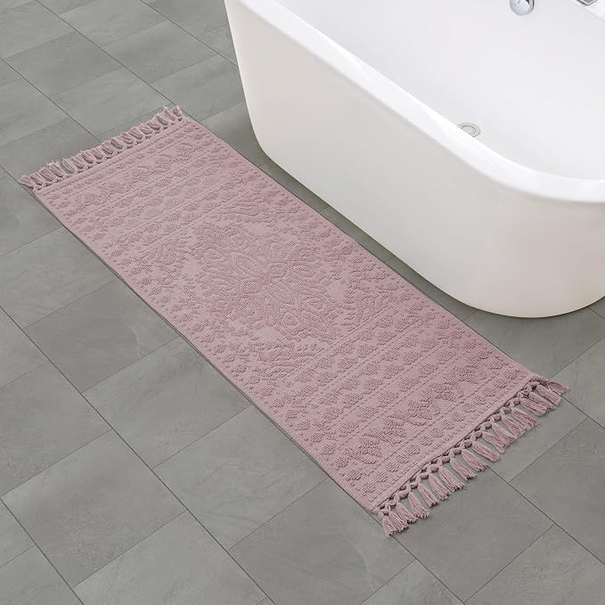 French Connection Nellore Bathroom Rugs, Woven and Beaded Mats, Durable Bath Rugs, Thick Bath Mats for Bathroom and Shower Rugs, 24" x 64", Dusty Pink