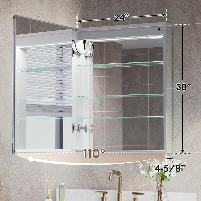 24"" X 30"" LED Medicine Cabinet with Mirror for Bathroom, Medicine Cabinet with Lights, Bathroom Mirror with Storage, Single Left Opening Doors, Dimmer, Defogger, Outlets & USB Ports, Glass