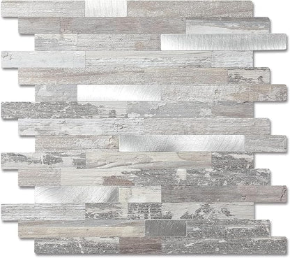 5 - Sheets Peel and Stick Wood Metal Tile Backsplash, Stick on Tiles for Backsplash Kitchen, Bathroom, Laundry Room, Camper, Fireplace (12'' X 12'', in Light Rustic)