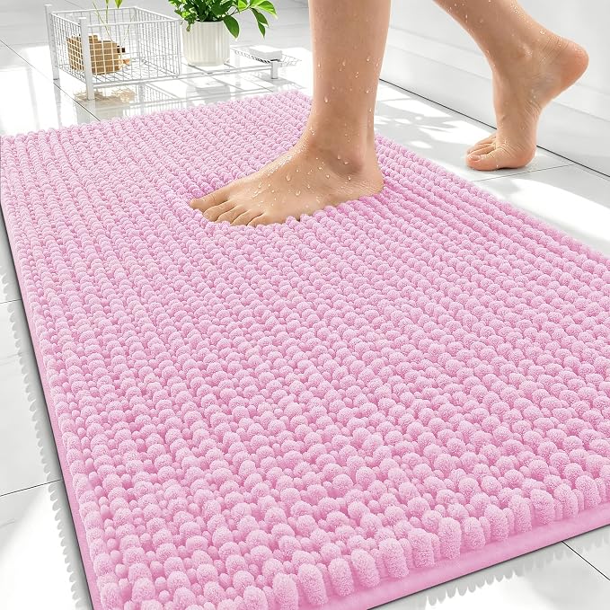 OLANLY Thick Chenille Bathroom Rugs 30x20, Soft Absorbent Bath Mat, Pink | Bath Rugs, Rubber Backing, Machine Wash Dry, Bath Mats for Bathroom Floor, Tub and Shower, Home Decor Accessories