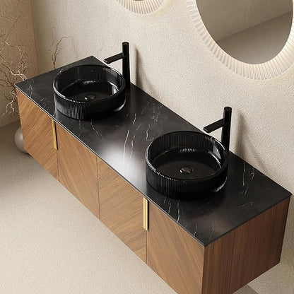 60" Double Sink Bathroom Vanity with Sink Combo, Floating Vanity with Vessel Sink, Wall-Mounted Plywood Bathroom Vanity Storage Cabinet with 4 Doors & 2 Glass Basin, Brown Oak