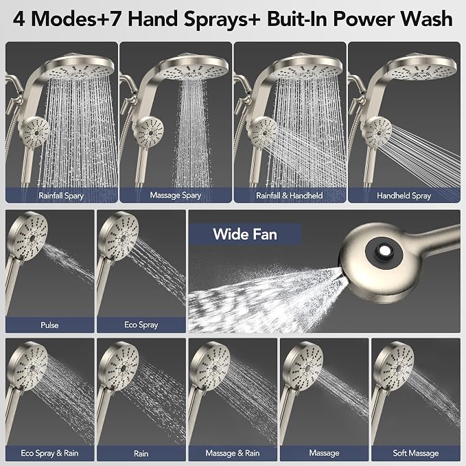 High Pressure Rain Showerhead Combo, Magnetic Shower Head Set with Detachable 8-Mode Handheld Shower Spray, Adjustable Angle Dual Showerhead with Built-in Magnetic Docking, Power Jets Brushed Nickel