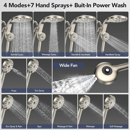High Pressure Rain Showerhead Combo, Magnetic Shower Head Set with Detachable 8-Mode Handheld Shower Spray, Adjustable Angle Dual Showerhead with Built-in Magnetic Docking, Power Jets Brushed Nickel