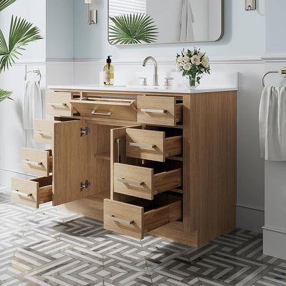 48-Inch Bathroom Vanity with Sink W/ 2 Doors & 8 Drawers & 1 Flip Drawer, Oak Vanity W/Brushed Nickel Handles
