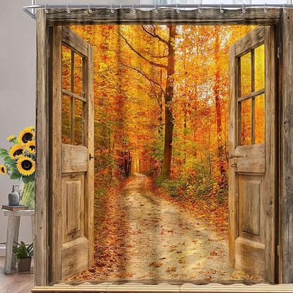 Boho Fall Forest Shower Curtain, Autumn Nature Jungle Woodland Maple Leaves Tree Shower Curtain Set, Rustic Barn Door Fabric Farmhouse Cabin Shower Curtain for Bathroom 12 Hooks, 72x72 Orange Yellow