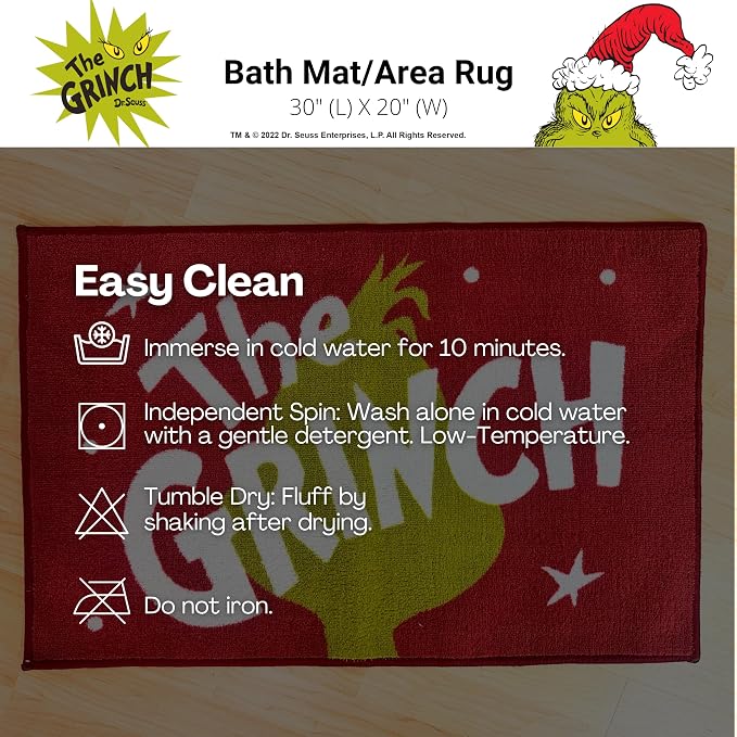 Grinch by Dr. Seuss Christmas Non Slip Plush Poly Knit Bathroom Mat Rug, 20"x30", (Officially Licensed Product) By Franco