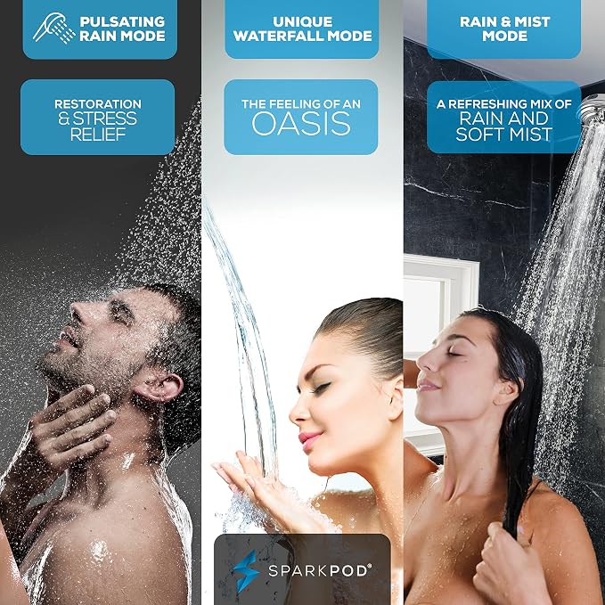 SparkPod 5 Inch 9 Spray Setting Handheld Shower Head - Water Saving Pause With On/Off Switch - Tool-Free 1-Min Install - Pulsating Rain Mode - Relaxing Rain Shower With Soothing Mist - Luxury Chrome
