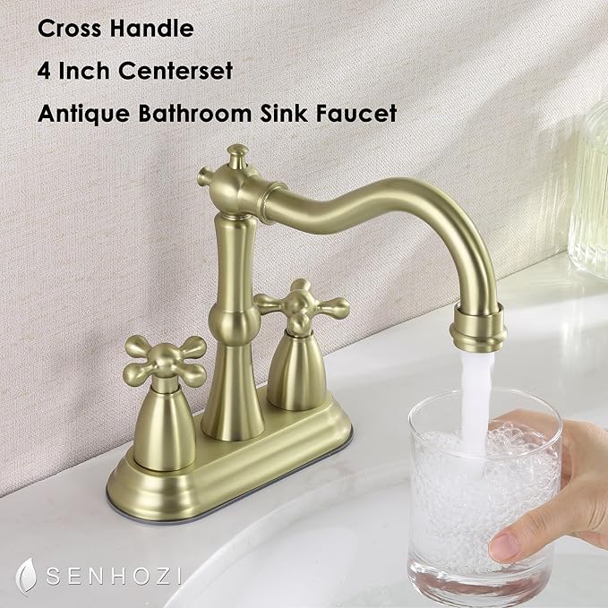 Antique Bathroom Faucet Brushed Gold, Senhozi Cross Handles Centerset Bathroom Faucet for Sink 3 Hole with Overflow Pop Up Drain Assembly and Supply Hose, SUS304 RV Bathroom Faucet 3 Hole, SE-0038-BG