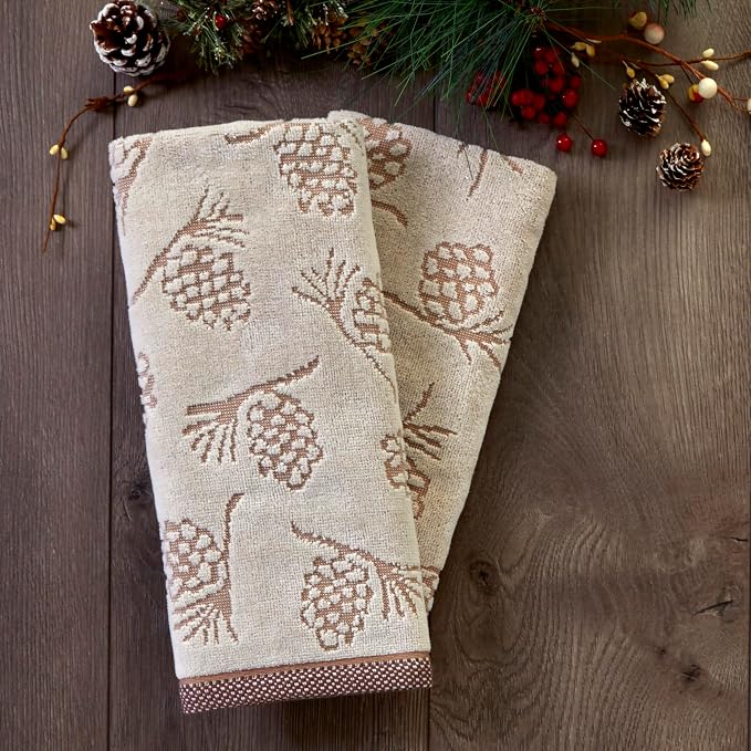 SKL Home Fall/Winter/Christmas Pinecone Hand Towel Set-2pc, Jacquard, Wheat | 100% Cotton. 550 GSM. Soft & absorbent jacquard. For the bathroom, kitchen or bar. Fun for fall, lodge/cabin décor & gifting.