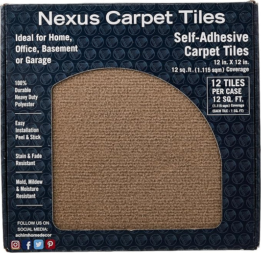 Nexus Self Adhesive 12-Inch Carpet Floor Tiles, 12 Tiles - 12" x 12", Tan - Peel & Stick, DIY Flooring for Kitchen, Dining Room, Bedrooms & Bathrooms by Achim Home Decor