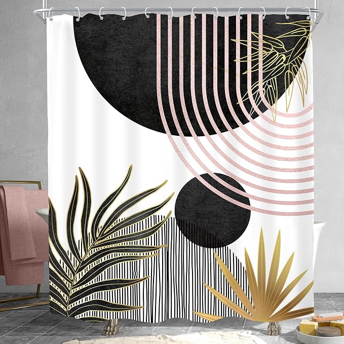 Mid Century Black Pink Boho Abstract Modern Bathroom Shower Curtain Set | 60Wx71L Sun Arch design, waterproof HD print with fast-drying fabric and 12 hooks.