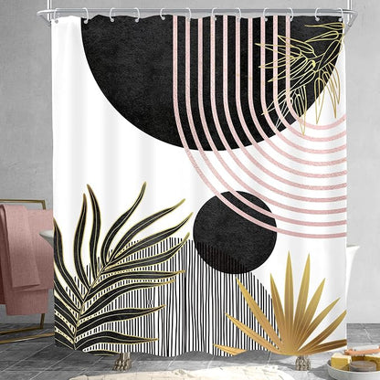 Mid Century Black Pink Boho Abstract Modern Bathroom Shower Curtain Set | 60Wx71L Sun Arch design, waterproof HD print with fast-drying fabric and 12 hooks.