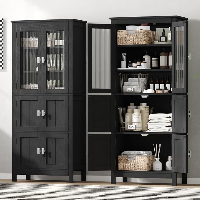Akxomel 53.1" Tall Bathroom Cabinet 6 Doors Linen Floor Storage Cabinet | Bathroom Floor Cabinet with Adjustable Shelf, Pantry Cabinet for Living Room, Kitchen, Entryway, Black