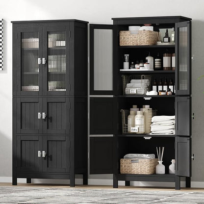 Akxomel 53.1" Tall Bathroom Cabinet 6 Doors Linen Floor Storage Cabinet | Bathroom Floor Cabinet with Adjustable Shelf, Pantry Cabinet for Living Room, Kitchen, Entryway, Black