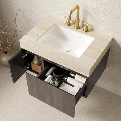 KEIKI 30 Inch Floating Bathroom Vanity with Sink, Espresso & Beige | Modern Wall Mounted Storage Cabinet w/ Drawer & Door, Pre-assembled Wood Panels, Sintered Stone Top & Ceramic Basin Combo Set