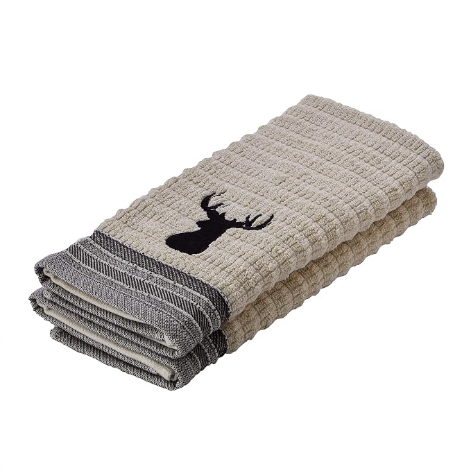 SKL Home Aspen Lodge Hand Towel Set-2pc, 100% Cotton Jacquard, Wheat | 550 GSM. Plush & absorbent. For the bathroom, kitchen or bar. Deer stag embroidery is great for Airbnb & cabin/lodge décor.