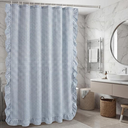 HunnmingRe Ruffled Gingham Shower Curtain Dusty Blue | 72'' x 72'' Vintage Farmhouse Curtain, Cotton Cottage Core Rural Checkered Plaid Decor, Fall Shower Curtain for Bathroom