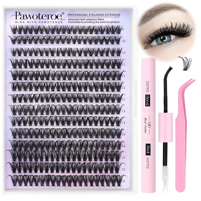 Lash Clusters Kit 40D Individual Lashes Extension Kit DIY 280pcs 9-16mm Cluster Eyelash Extension Kit with Lash Bond and Seal, Lash Tweezers for Self Use (40D, 0.07D, 9-16mm, Kit)