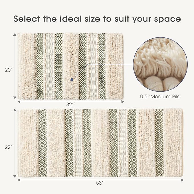 Ink+Ivy Bath Rug Hand-Woven Texture Shaggy Striped Soft & Water Absorbent, Boho Bathroom Décor Bath-Mats, Non-Slip Absorbent Quick Dry Mats for Tub, Shower Room, Asher, 20x32, Sage Green 1 Piece