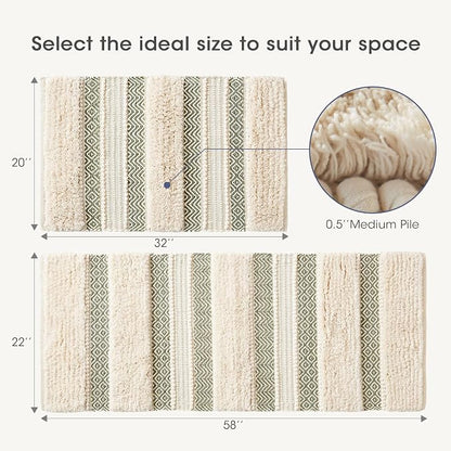 Ink+Ivy Bath Rug Hand-Woven Texture Shaggy Striped Soft & Water Absorbent, Boho Bathroom Décor Bath-Mats, Non-Slip Absorbent Quick Dry Mats for Tub, Shower Room, Asher, 20x32, Sage Green 1 Piece